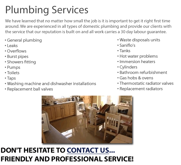 Plumbing Services in Dublin - We have learned that no matter how small the job is it is important to get it right first time around. We are experienced in all types of domestic plumbing and provide our clients with
the service that our reputation is built on and all work carries a 30 day labour guarantee. • General plumbing • Leaks • Overflows
• Burst pipes • Showers fitting • Pumps • Toilets • Taps • Washing machine and dishwasher installations • Replacement ball valves• Waste disposals units • Saniflo's • Tanks • Hot water problems • Immersion heaters • Cylinders • Bathroom refurbishment • Gas hobs & ovens
• Thermostatic radiator valves • Replacement radiators