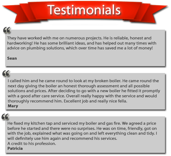 Our testimonails and reviews for our plumbing service in Dublin - They have worked with me on numerous projects. He is reliable, honest and hardworking! He has some brilliant ideas, and has helped out many times with advice on plumbing solutions, which over time has saved me a lot of money! Sean - I called him and he came round to look at my broken boiler. He came round the next day giving the boiler an honest thorough assessment and all possible solutions and prices. After deciding to go with a new boiler he fitted it promptly with a good after care service. Overall really happy with the service and would thoroughly recommend him. Excellent job and really nice fella. Mary - He fixed my kitchen tap and serviced my boiler and gas fire. We agreed a price before he started and there were no surprises. He was on time, friendly, got on with the job, explained what was going on and left everything clean and tidy. I will definitely use him again and recommend his services.  A credit to his profession. Patricia